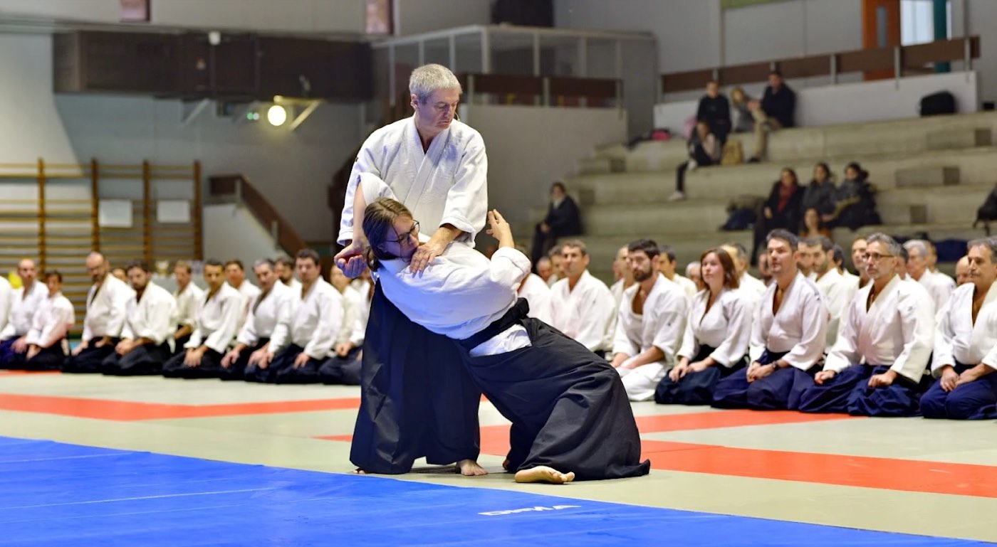 Alain Peyrache Sôke exécute une technique devant les pratiquants assis en seiza